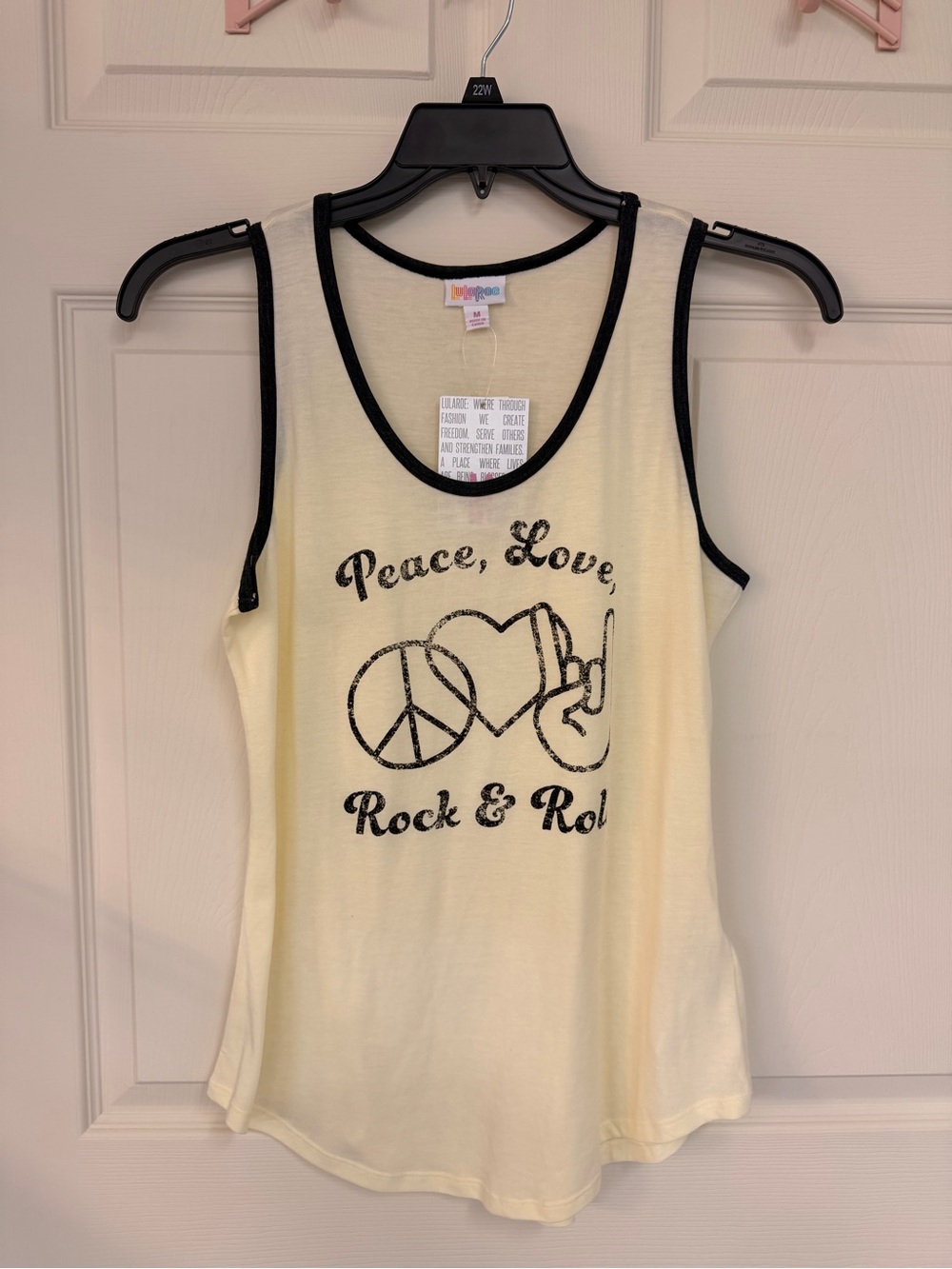 LuLaRoe Cream Tank Top with Black Trim and Black Glitter Graphic